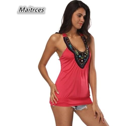 Summer Women Halter Strap Sleeveless Tank Shirt Sexy Embroidery Backless Top tees V-Neck 2018 Female Casual Streetwear TX052