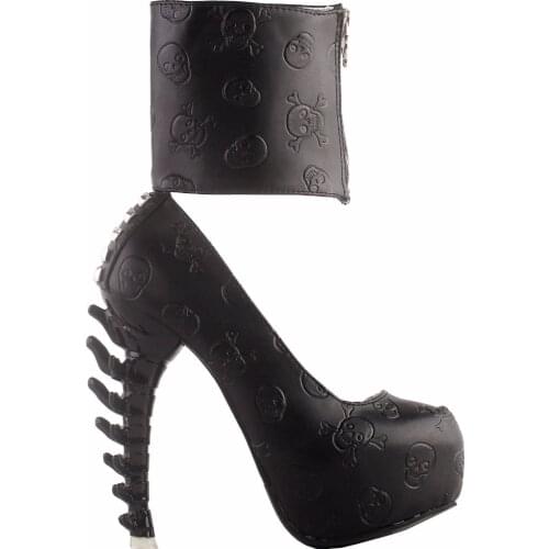 LF80667 Punk Skull Print Zipper Ankle Cuff Hidden Platform Bone Heel Club Pupms