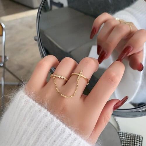 Minar Personality Shiny CZ Stone Cross Charm Rings for Women Brass Gold Chains Adjustable Open Ring Statement Minimalist Jewelry