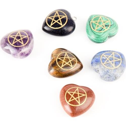 Natural Love Heart Shaped carved Greek mythology Pentagram Healing Crystal Stone Reiki Decoration Jewelry accessories