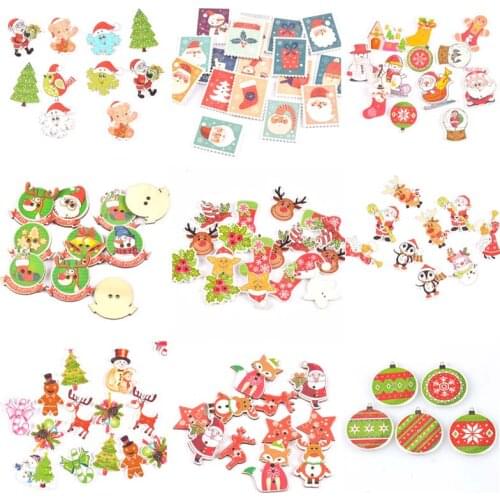 2018 new 50pcs MIxed Christmas Buttons botones de madera Flatback Scrapbooking Wooden Button Sewing Diy Accessories 25-35mm