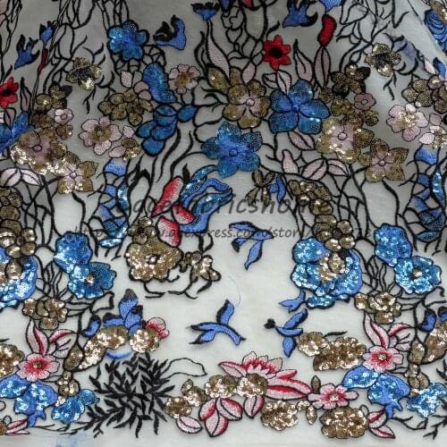 New gold blue mixed color sparkling sequins on net yarn embroidery lace fabric party dress/stage dress lace fabric by yard