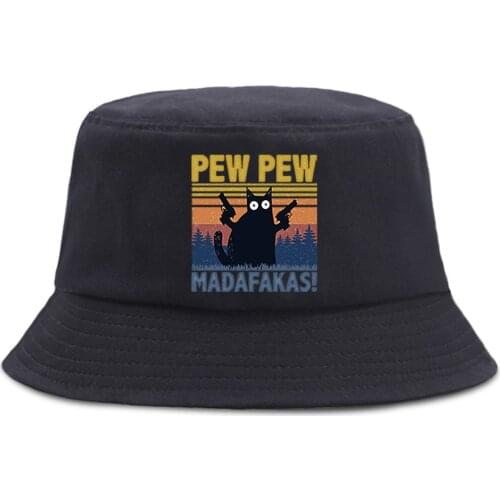 Pew Pew Madafakas Black Cat Bucket Caps Women Street Beach Sun Hat Hip Hop Casual Fisherman Hats Men Outdoor Summer Panama Cap