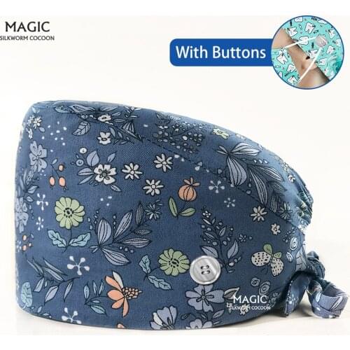 Printed adjustable Medical scrub Surgical nurse Caps Dentistry lab cap Pet Beauty salon Dentist Beautician work hat with button