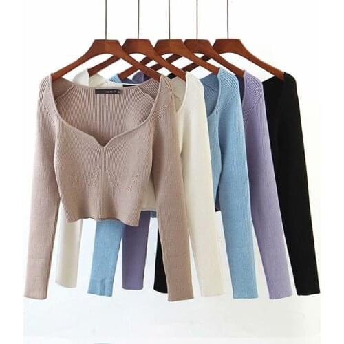 2021 Autumn Short Square Collar Thin Knitted Pullovers Sweater Female Slim V-Neck Long Sleeve Women New Fashion Sueter Feminino