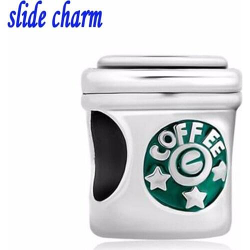Slide charm Free shipping Unique personality fashion gift green enamel coffee cup charm beads fit Pandora bracelet