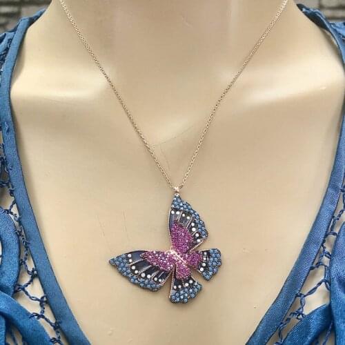 Navy Blue Butterfly 925 Sterling Silver Necklace Women Girls Gift Jewelry Accessories Fashion Handmade Elegant Chain