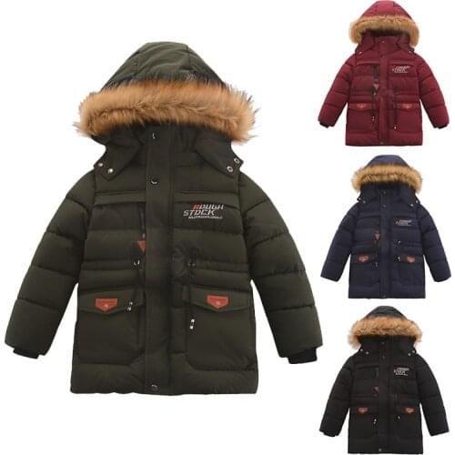 Boys hoodie zipper winter thick coat warm jacket big boy children thick down cotton mid-length plus velvet cotton jacket5-12yea