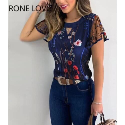 Women Floral Embroidery Sheer Mesh Flutter Sleeve Cutout Casual Blouse Spring Tops
