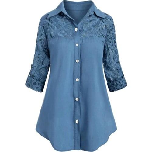 5XL Women Turn- down Collar Tunic Blouse Ladies Large Size Button Lace Turn Down Collar Long Sleeve Shirt Big Size Blouse