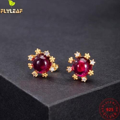 925 Sterling Silver Ruby Corundum Sun Flower Stud Earrings For Women High-quality 18k Gold Female Fine Jewelry