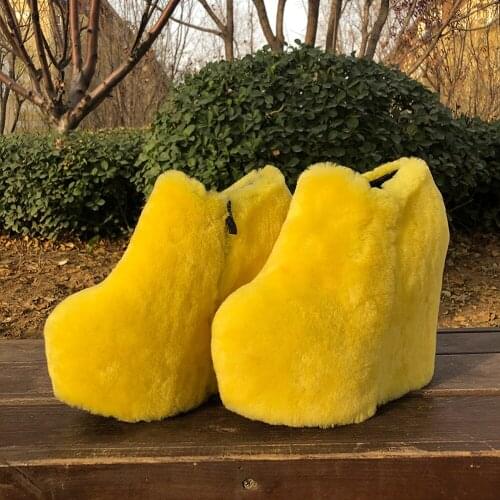 Womens Winter Snow Warm Fur Lining 100% Lambswool Fur Trim Furry Ankle Boots Wedge Super High 15CM Heel Platform Shoes