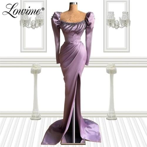 Purple Beading Mermaid Prom Dresses Formal Evening Wear Plus Size Dubai Long Sleeves Arabic Middle East Evening Gown Party Dress
