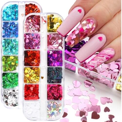12 Grids Sweet Love Heart Nail Glitter Sequins Rose Gold Silver Shining Laser Nail Art Paillette Manicure Decorations JIRX01-04