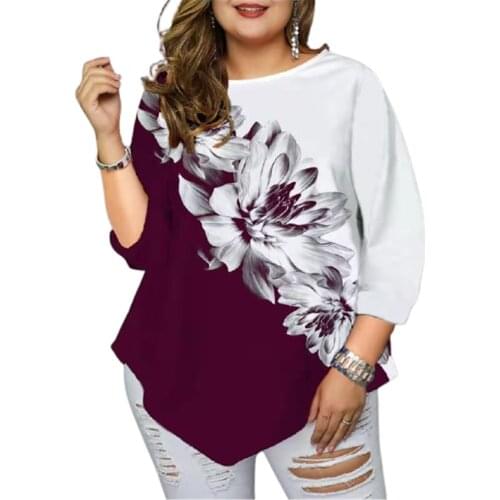 3XL 4XL 5XL Plus Size Women Flower Print Shirt Long Sleeve Fashion Casual Tops Irregular Oversized Loose Women Clothing T Shirt