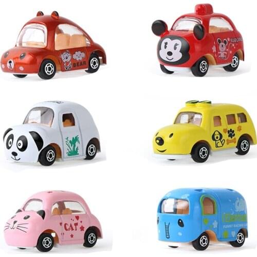 6pcs/Set 1:64 Mini Diecast Car Toy Cute Cartoon Animals Shape Alloy Metal Vehicle Model Birthday Gifts for Children