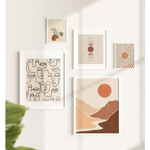 Abstract Mid Century Mountain Sun Landscape Wall Art Canvas Painting Crescent Moon Art Poster Print Wall Pictures for Living