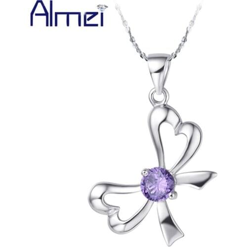 Almei 2017 Butterfly Bowknot Pendants&Necklaces Jewelry Sliver Color Purple Stone Pendant Statement Necklace Children Gifts N168