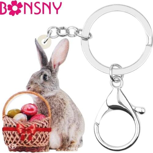 Bonsny Acrylic Grizzle Easter Hare Rabbit Bunny Keychains Print Animal Keyring Jewelry For Women Kids Trendy Gifts Decoration