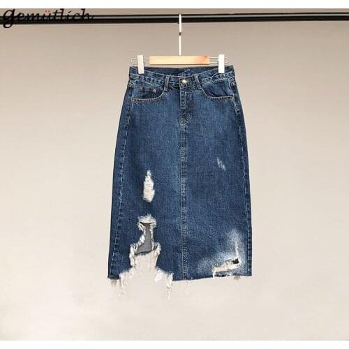 GEMUTLICH New Arrival Women Ripped Hole Denim Skirt Irregular Jean Over Size Skirt High Waist Fashion Female 2019