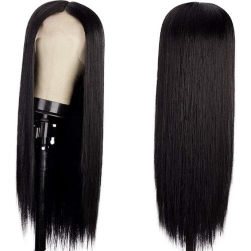 Vigorous Synthetic T-Part Lace Wig Long Straight Black Wigs for Women Middle Part Natural Looking Glueless Fake Hair