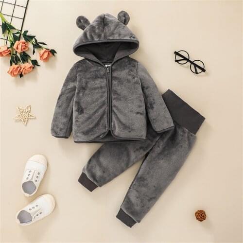 Fleece Warm Infant Baby Girls Clothes Sets Boys Solid Hooded Sweatshirt Fleece Top Pants Outfits Newborn Baby Girl Clothes 2021