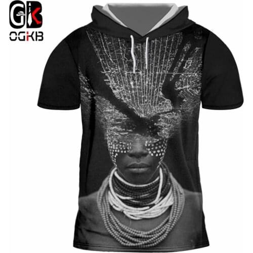 OGKB New Summer Hooded Tshirt Men/womens Funny Print African Lady With Necklace 3D Cap Tshirt Man Hiphop Short Sleeve Hoody