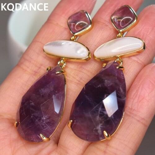Geometric Gemstone Mother of pearl Amethyst blue Jade Natural Stone Long drop Earrings Sterling Silver 925 Ear Needle For Women