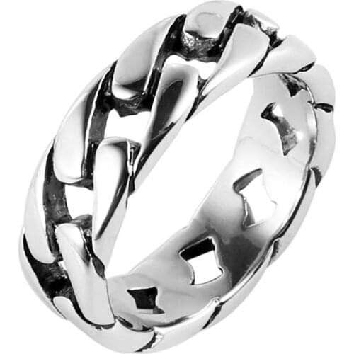 HZMAN Mens Stainless Steel 7mm Wide Band Cuban Link Chain Ring, Silver Gold Black, Frosted, Rainbow