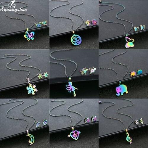 Colorful Mini Cute Butterfly Pendant Necklace and Earring Stainless Steel Jewelry Set for Women Popular Jewelry Anniversary Gift