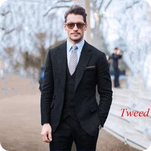 Smoking Jacket Black Mens Classic Suits Tweed Business Blazers Peaked Lapel Groom Tuxedo Terno Masculino Slim Fit Costume Homme
