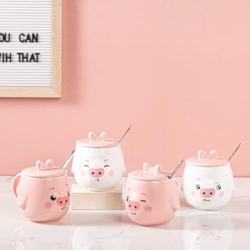 Cute Cute Creative Pink Pig Three-dimensional Cartoon Mug Ceramic Spoon with Cover Bow Girl Heart Water Cup