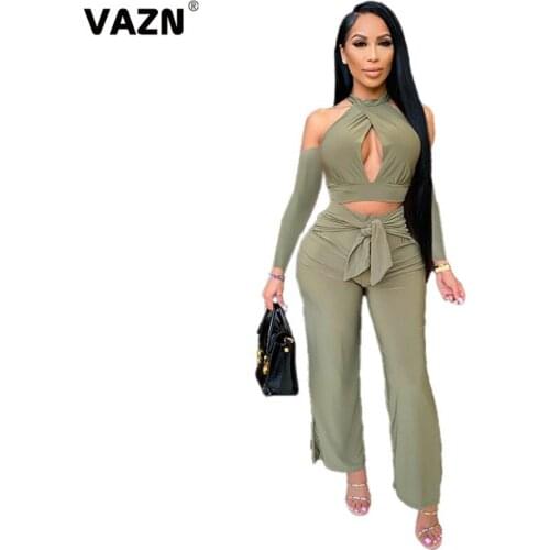 VAZN New Fashion 2020 Sexy Women Light Green Solid 2-Piece Long Set Full Sleeve Halter Backless Tops Long Straight Pants Sets