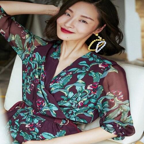 2020 New Vintage Summer Real Silk Dress Women Spring Boho Sexy Party Dress Floral Elegant Red Ladies Dress Robe Femme GD-L1829