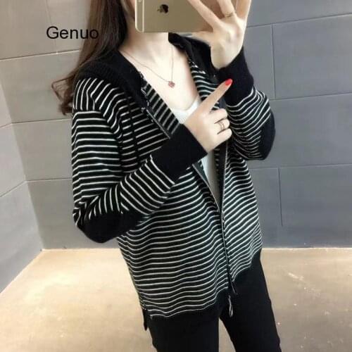 New Casual Long Sleeve Cardigan Sweater Women Knitted Hooded Cardigans With Zipper Korea Autumn Female Fashion Knitting Outwear