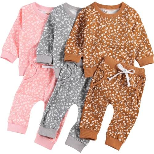 New Baby Girls Boys Clothes Sets Flowers Print Long Sleeve Pullover Sweatshirt Tops Pants 3 Colors