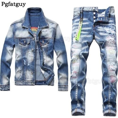New Slim Mens 2pcs Set Autumn Winter Embroidered Rainbow Denim Jacket and Ripped Holes Stretch Jeans Conjuntos De Hombres