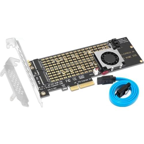 QINDIAN M.2 NVMe Adapter SSD to PCIe Card Key M + Key B with Fan SATA Cable PCIE to M2 Adapter Support 2230 2242 2260 2280 22110
