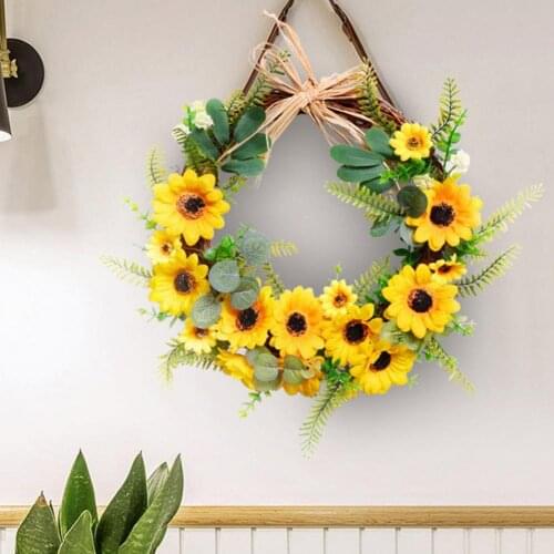 Hand Rattan Simulated Wreath Pendent Sunflower Design Artificial Faux Silk Flower DIY Sunflower Hanging Garland for Home