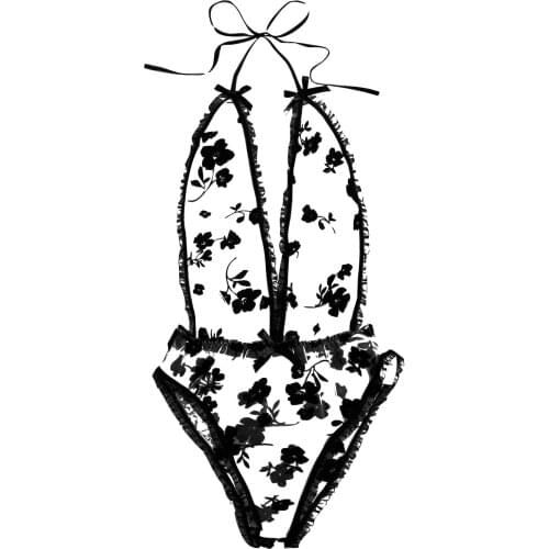 Sexy Solid color Bowknot Embroidery Deep V Lace Halter Bandage Bodysuit Women Perspective breathable Erotic lingerie set