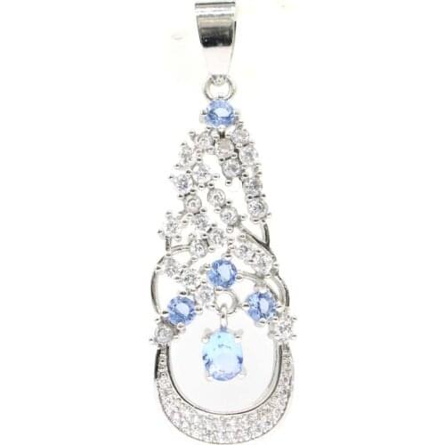 45x15mm Lovely Created Rich Blue Violet Tanzanite CZ For Womans Dating Silver Pendant