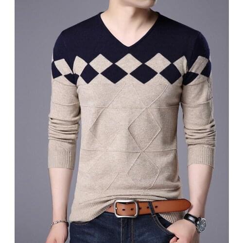 Chic Men V Neck Long Sleeve Color Block Pullover Knitwear Elastic Slim Sweater For Men Autumn New Casual Men Slim Sweaters