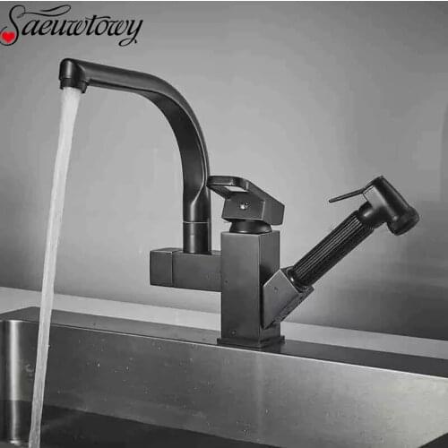 Saeuwtowy Black Kitchen Sink Faucet Pull Out Copper Hot And Cold Dishwasher 360 Rotating Sink Faucet Basin Faucet