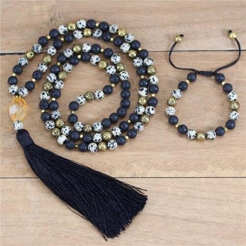 Vintage Natural Stone Dalmation Jasper And Gold Lava 108 Mala Beads Necklace With Black Tassel Meditation Jewelry Dropshipping
