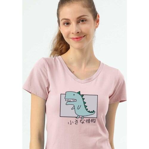 High Quality V-Neck Dinosaur Monster Graphic Tees 8 Candy Color Kawaii Cotton T-shirt Women Simple Harajuku T Shirts for Girls
