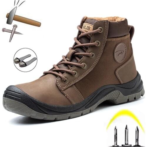 Safety shoes mens leather welding shoes, anti-smashing, anti-puncture, non-slip sports, fashionable soft work boots for women
