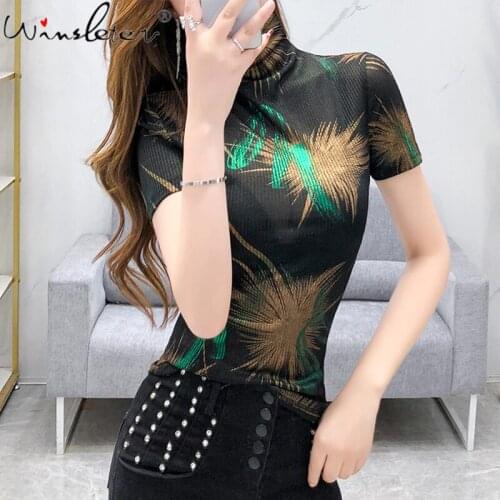 Cotton Tee Shirt Print Bottoming T Shirts Women Casual Short Sleeve Turtleneck Summer Tops Korean Hipster Tshirt S-3XL T03810B