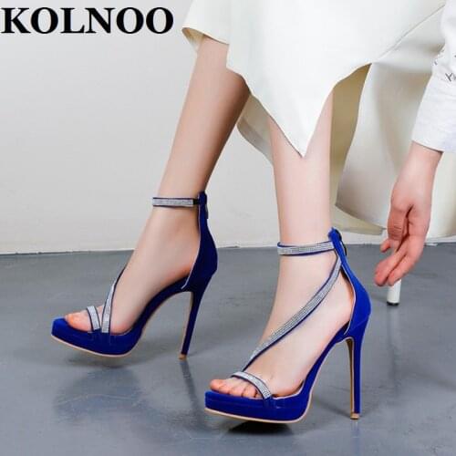 KOLNOO Handmade New 2022 Ladies High Heeled Sandals Crystals Faux Suede Leather Sexy Platform Summer Evening Fashion Party Shoes
