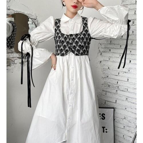 Womens White Dress 2021 Autumn Two-piece Suit Slim Design Sense Of Minority Long Flare Sleeves Dresses Fashion X623
