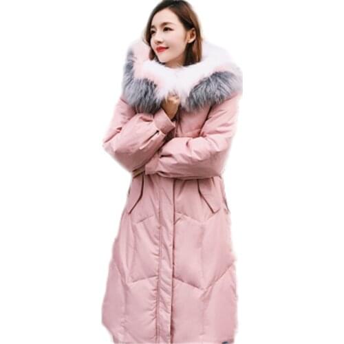 Winter womens large size long down cotton padded women 2019 new cotton hooded big fur collar pink cotton coat 782
